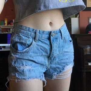 Distressed denim shorts